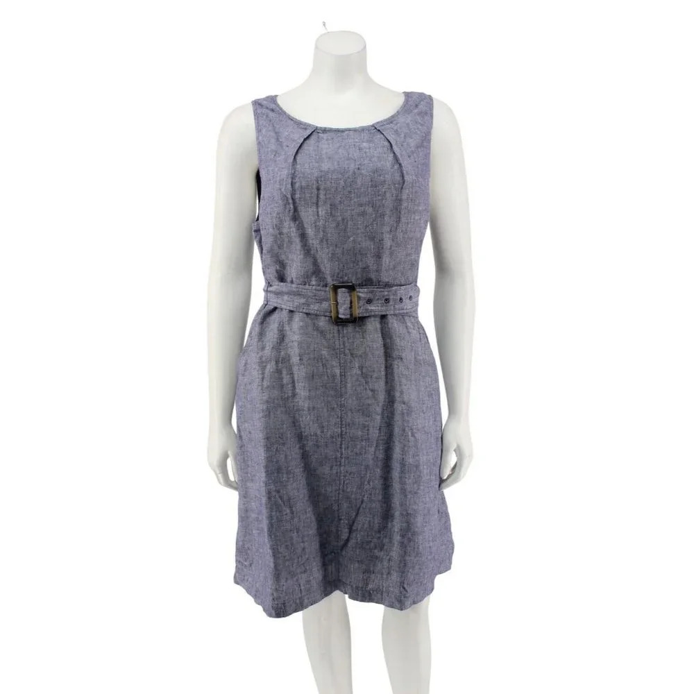 NWT TAHARI Blue Linen Chambray Sleeveless Belted Dress Pockets Women's Size 10